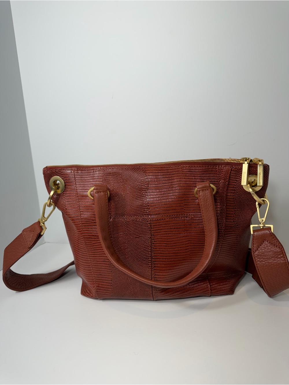 Hammitt Daniel Leather Satchel Crossbody Bag Cognac Lizard Gold - Picture 11 of 11